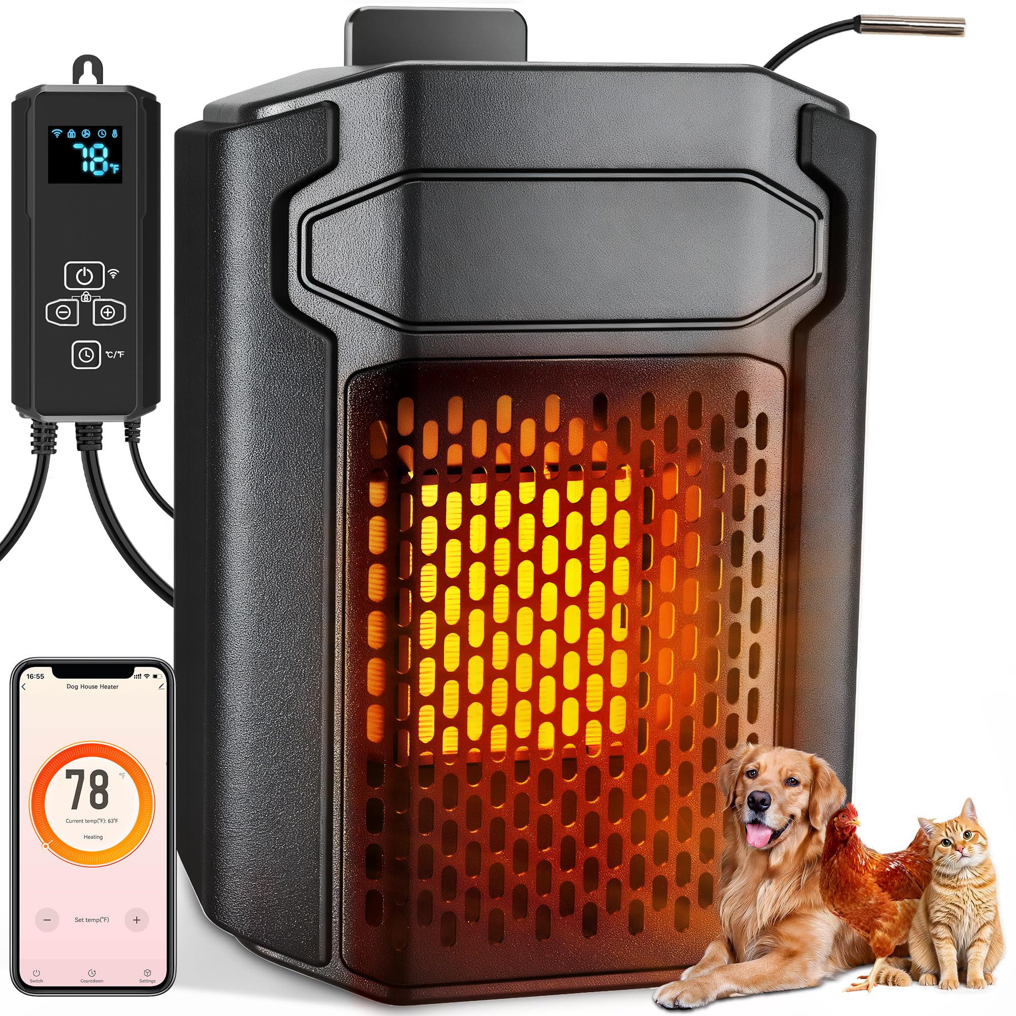 Dog House Heater with Thermostat & WiFi App, 500W Outdoor Doghouse